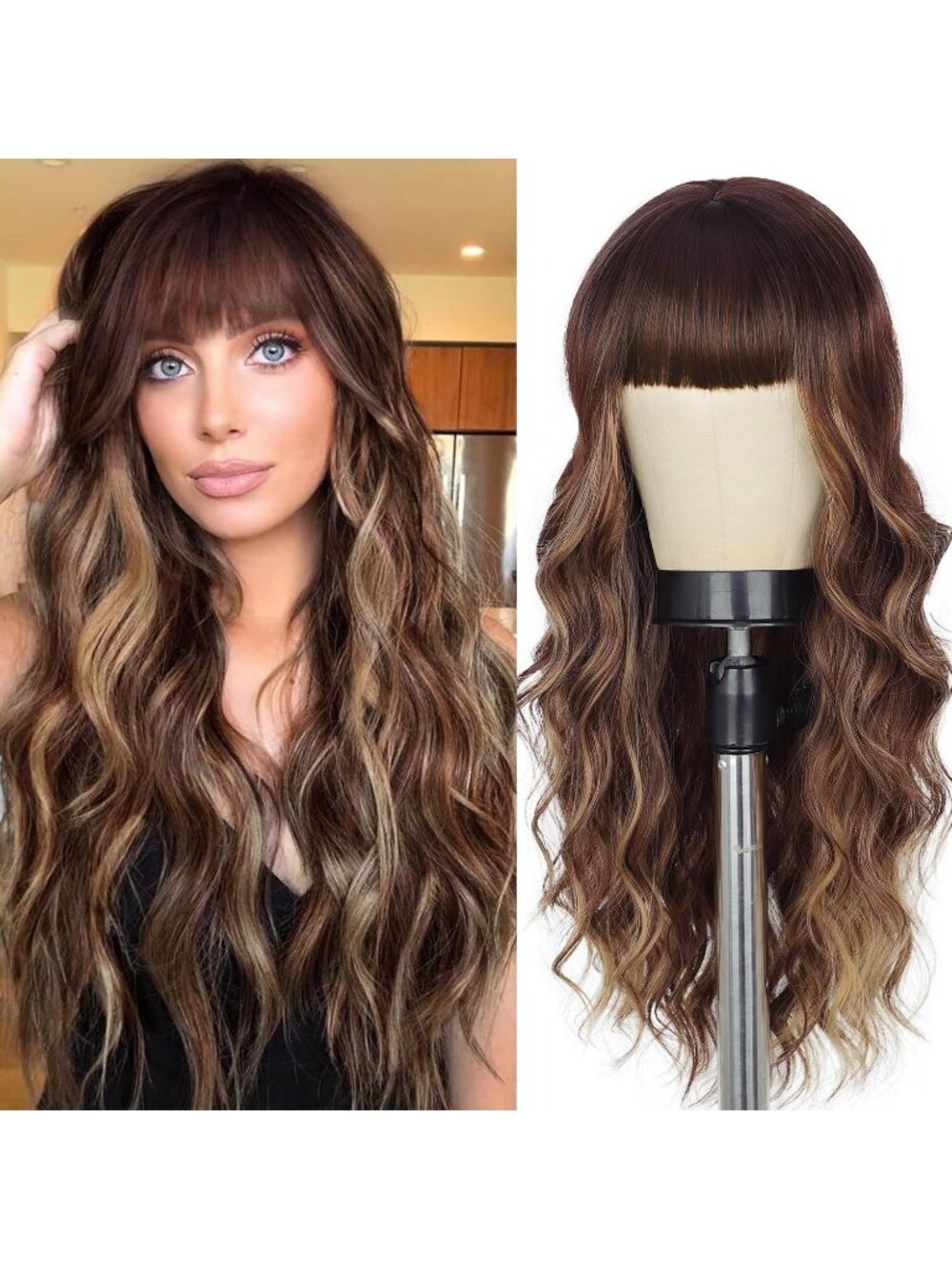 Women's Fashion Brown Mixed Blonde Long Natural Looking Wavy Curly Wig with Bang